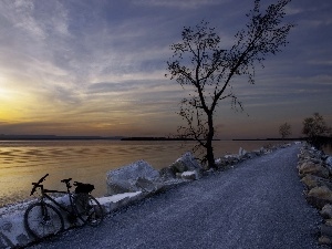 sun, west, Way, Bike, lake