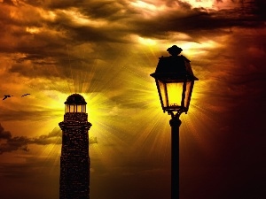 sun, west, Two, birds, lanterns