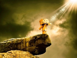 sun, rays, Danbo, blur, Rocks