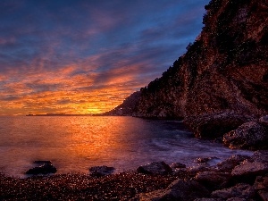 sun, west, sea, cliff, Stones
