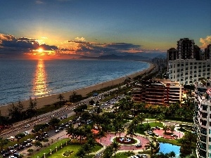 sun, west, Coast, clouds, Hotels