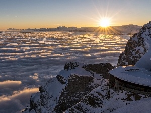 sun, rays, clouds, Mountains