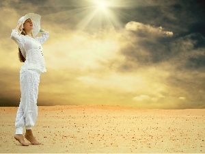 sun, Desert, rays, Women, clouds, Hat