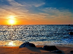 sun, boulders, west, sea, clouds, Beaches