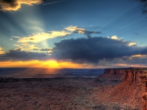 sun, The Setting, Desert, rays