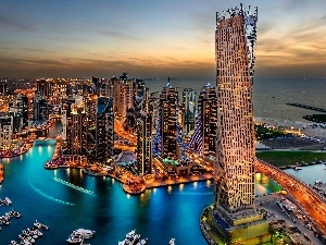 sun, Boats, west, skyscrapers, Dubaj, clouds