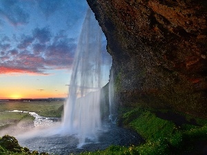 sun, west, iceland, waterfall