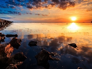 sun, west, lake, Stones