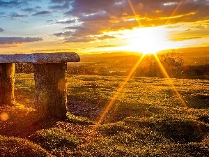 sun, In Rays, Meadow, Bench