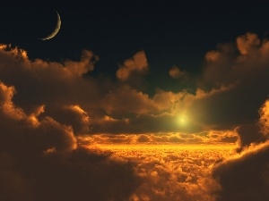sun, west, moon, clouds