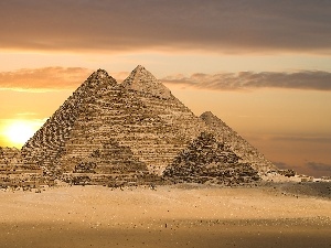 sun, west, Pyramids, Desert