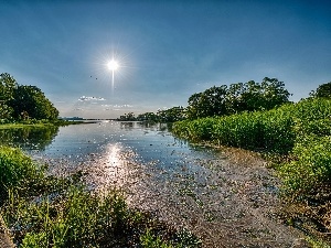 sun, rays, River, summer