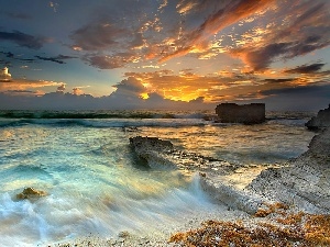 sun, west, sea, rocks, Waves