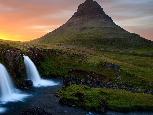 sun, west, rocks, iceland, waterfall