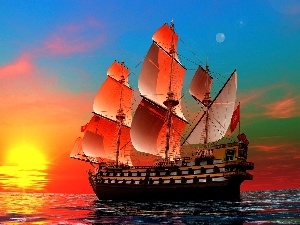 sun, west, sea, sailing vessel