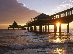 sun, west, sea, pier