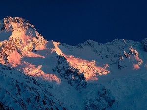 sun, rays, Mountains, Sky, snow