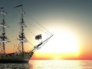 sun, west, sailing vessel, sea