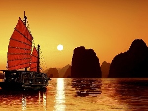 sun, west, sea, sailing vessel, rocks