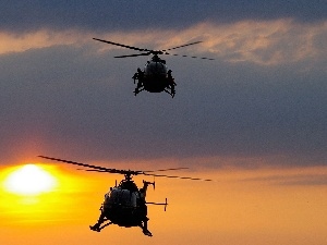 west, sun, helicopters
