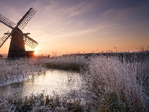 sun, west, Windmill, River