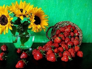 sunflowers, bouquet, basket, strawberries
