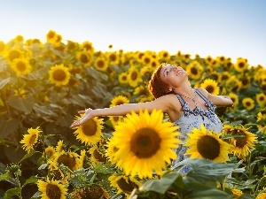 sunflowers, Field, happy, girl