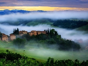 Sunrise, Fog, Tuscany, buildings, Italy