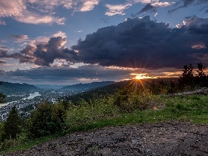 Great Sunsets, viewes, trees, Drammen, clouds, Norway, Mountains