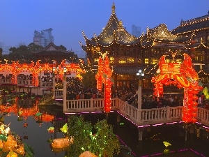 Szanghai, lighting, House, China, Pond - car