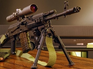 Table, magazine, gun, telescope, AK-47