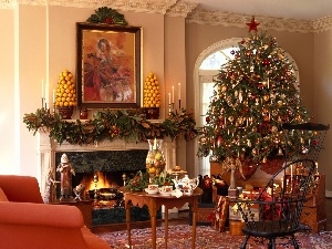 table, burner chimney, christmas tree, gifts