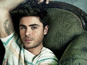 Tattoo, Armchair, a man, Zac Efron