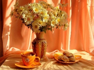 tea, Cookies, bouquet, marguerites