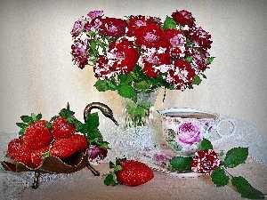 tea, strawberries, bouquet, rouge