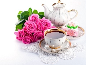 tea, cake, bouquet, china, rouge