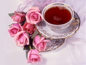 cup, tea, roses