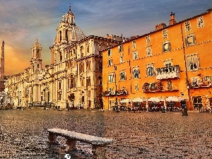 Agonalis, Houses, Lamps, obelisk, Italy, Navona Square, Bench, temple