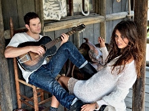 terrace, Guitar, Women, a man