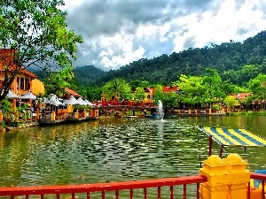 terrace, Restaurant, Mountains, lake