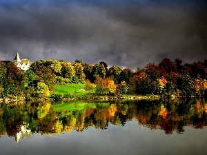 trees, The building, white, autumn, among, View, an