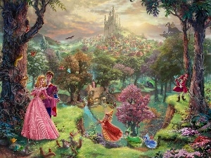 fairies, the sleeping beauty, Thomas Kinkade, forest, Disney