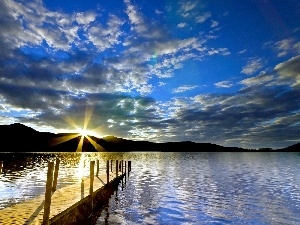 The Setting, rays, lake, sun, Platform