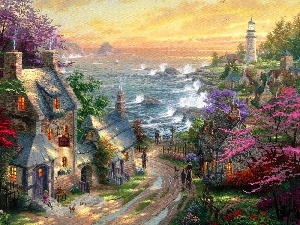 Thomas Kinkade, Lighthouses, Houses, Coast