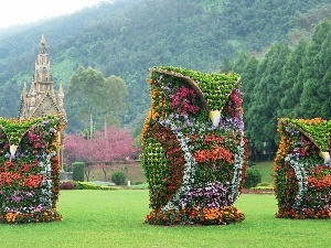 Three, Flower, Garden, Owls, decoration