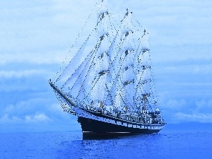 three-master, background, sailing vessel, Blue
