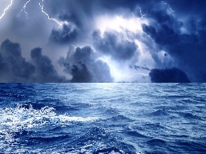 thunderbolt, Lightning, sea, Storm