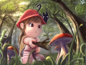 toadstool, stick, girl, cat