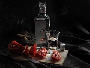 tomatoes, glass, Bottle, vodka