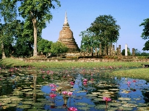 tower, Flowers, Thailand, lake